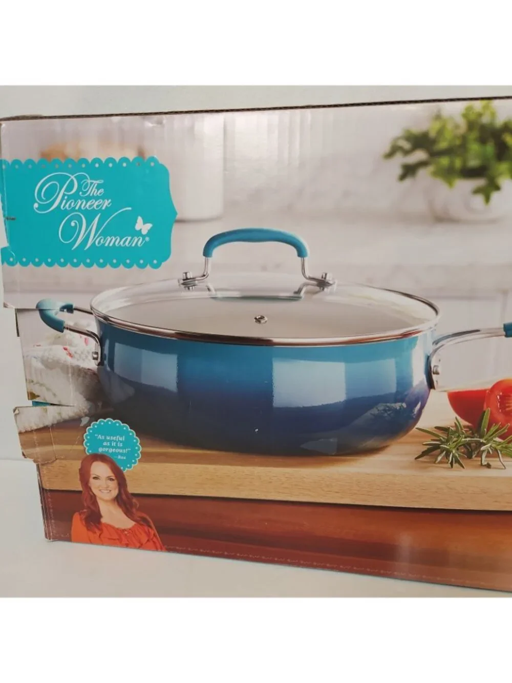The Pioneer Woman Ombre Teal 4.5-Quart Classic Ceramic Jumbo Pan w/Lid New